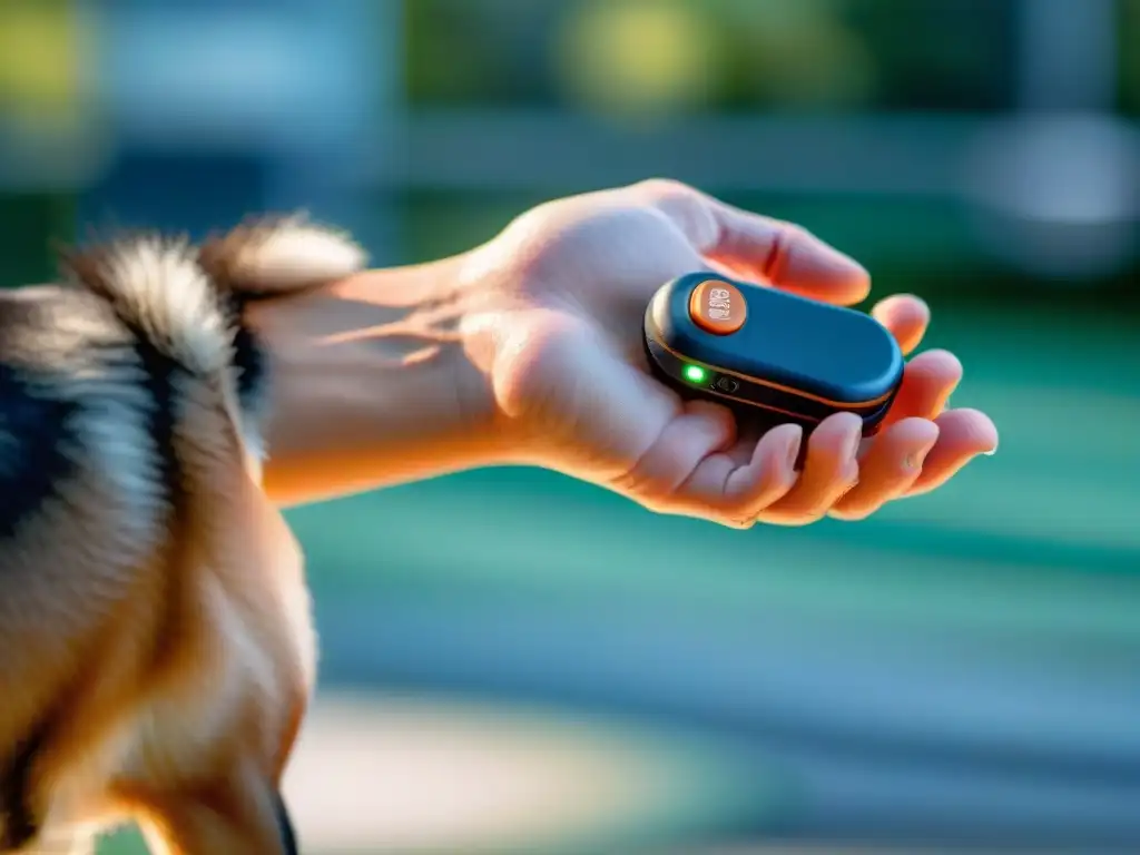 Entrenamiento canino: Clicker en acción con perro atento Entrenamiento con clicker para mascotas: mano de entrenador con clicker y perro atento listo para aprender