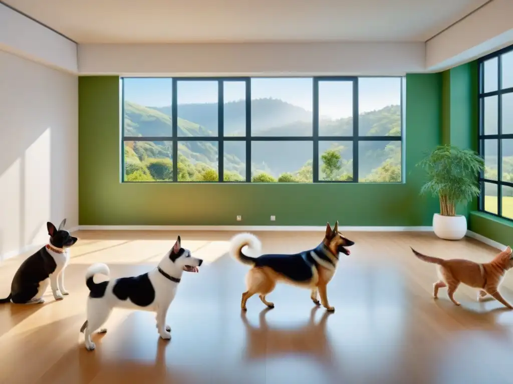 Entrenamiento de mascotas: armonía y dedicación en acción Entrenamiento de mascotas con apps en 2023: Perros, gatos, aves y conejos en armonía, aprendiendo en un espacio luminoso y equipado