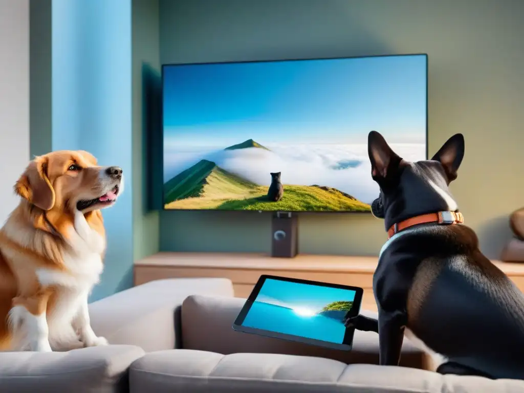 Mascotas interactivas: tecnología para entrenamiento Entrenamiento en software para mascotas: Diversidad de animales y dueños interactúan con dispositivos tecnológicos en un ambiente moderno y luminoso