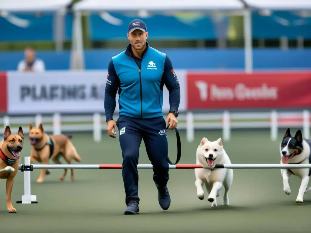 Preparación meticulosa de perros atletas para competir Un equipo de entrenadores de perros de competencia prepara meticulosamente a los atletas caninos