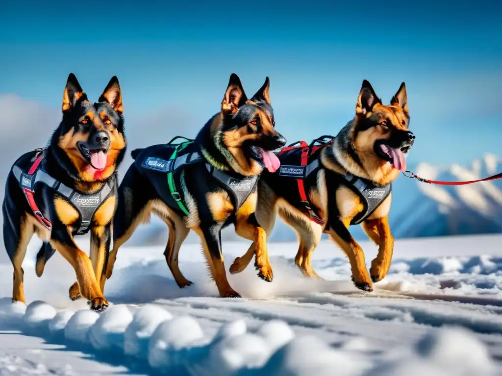 Equipo de perros de trabajo en acción: potencia y determinación en la nieve Un equipo de perros de trabajo fuertes y energéticos, con un pelaje brillante y ojos vivaces, tirando de un trineo en un paisaje nevado