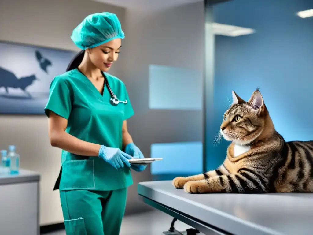Equipo de veterinarios en clínica moderna tratando a paciente con leucemia felina Equipo de veterinarios en clínica moderna, planeando tratamiento para leucemia felina