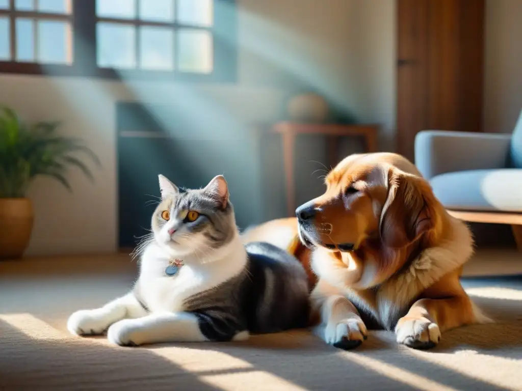 Armonía animal: terapia de sonido para mascotas en relax Una escena armoniosa de animales diversos descansando en calma al son de una suave melodía