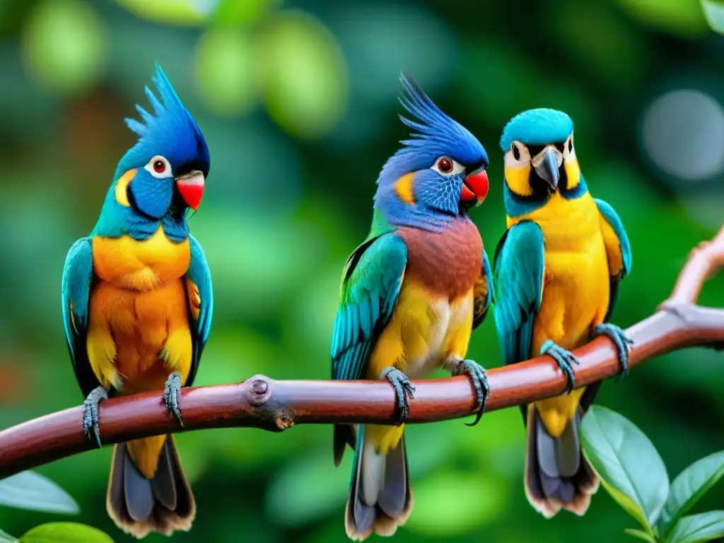 Exóticas aves coloridas en armonía alimentaria Una escena armoniosa de aves exóticas disfrutando de una dieta especial, resaltando sus plumajes vibrantes y el cuidado experto