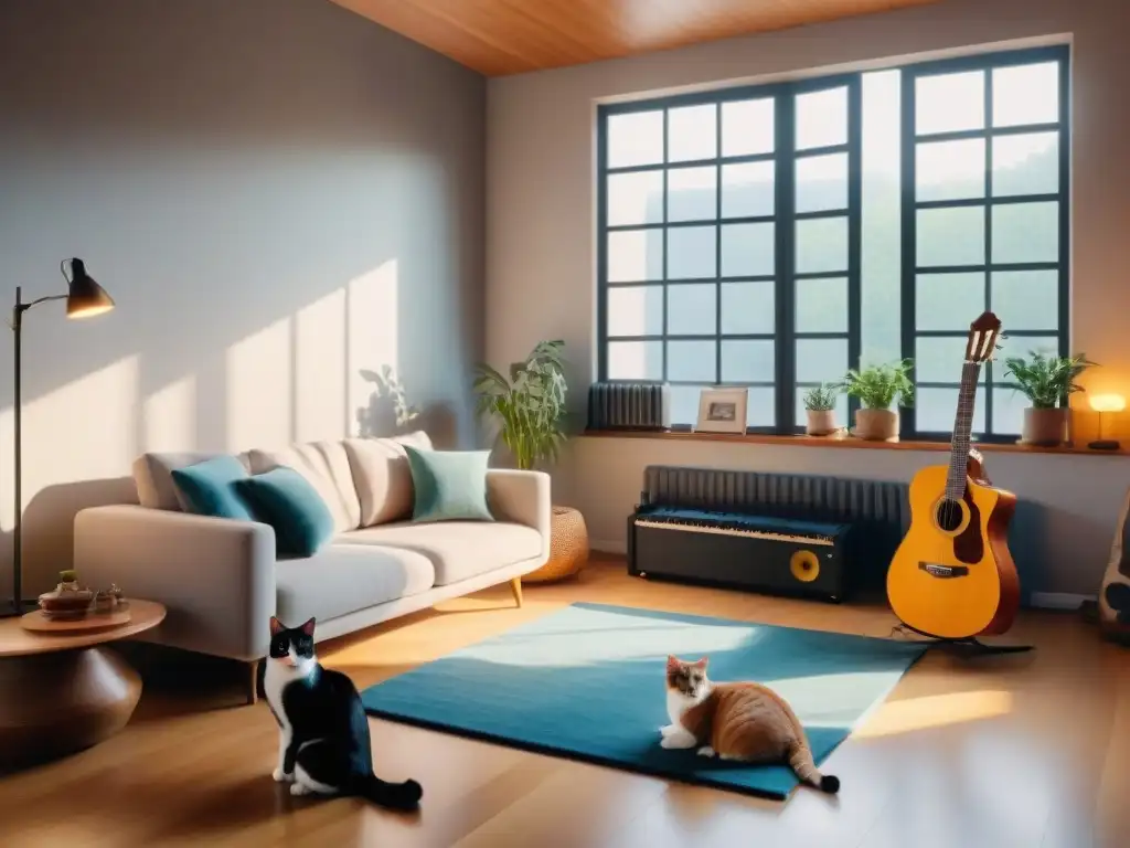Armonía musical: sala serena con mascota relajada Escena armoniosa de sala con instrumentos musicales y gato descansando, ideal para musicoterapia para animales domésticos