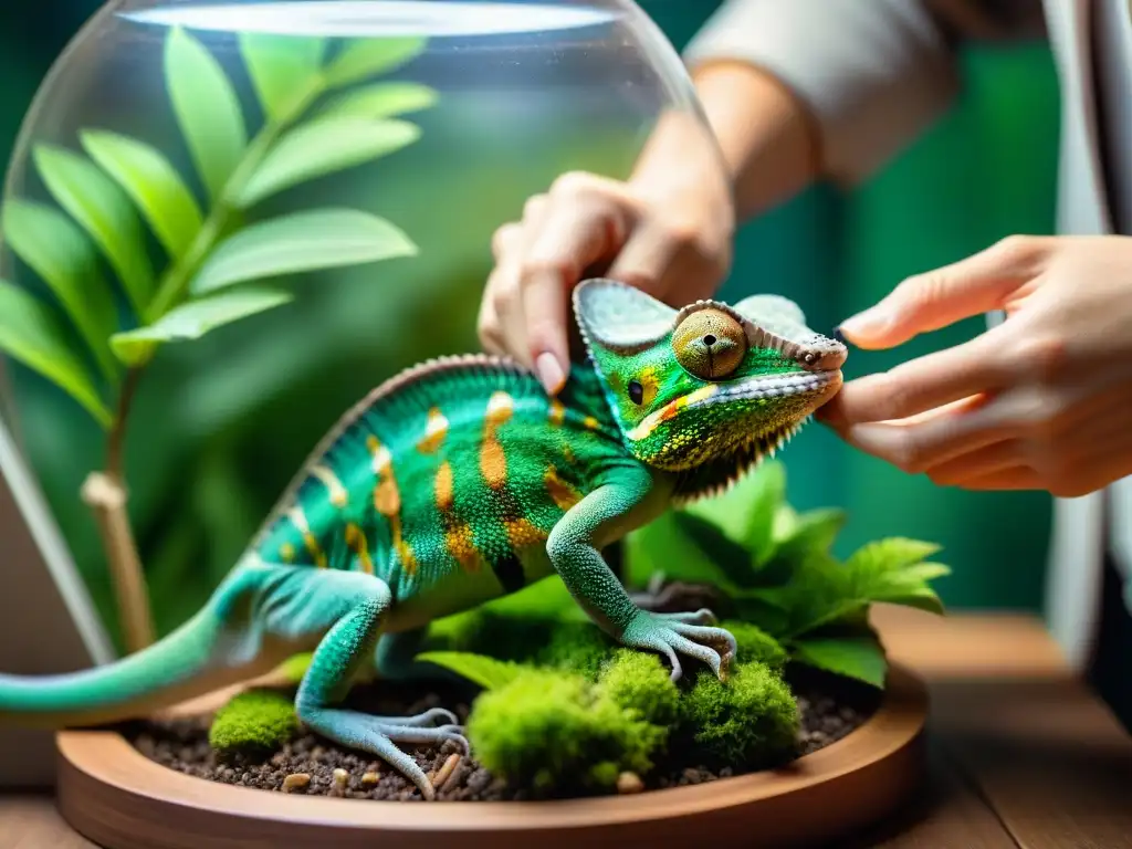 Escena cuidadosa: persona arregla terrario de camaleón, mimetizando hábitat natural
