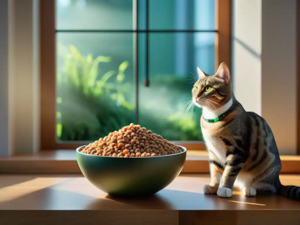 Deliciosas opciones de comida orgánica para gatos en cocina moderna Escena elegante de transición alimentos premium dieta gato en cocina moderna con gato curioso