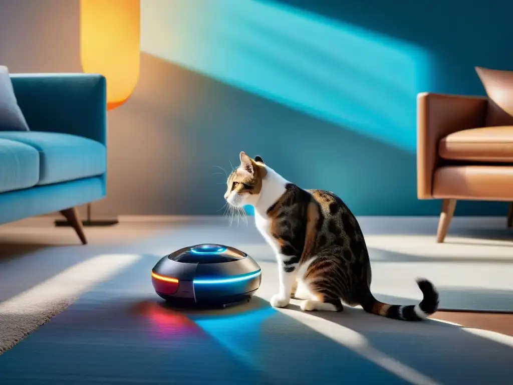 Escena futurista: juguete tecnológico para mascotas interactuando con perro y gato felices en moderno salón