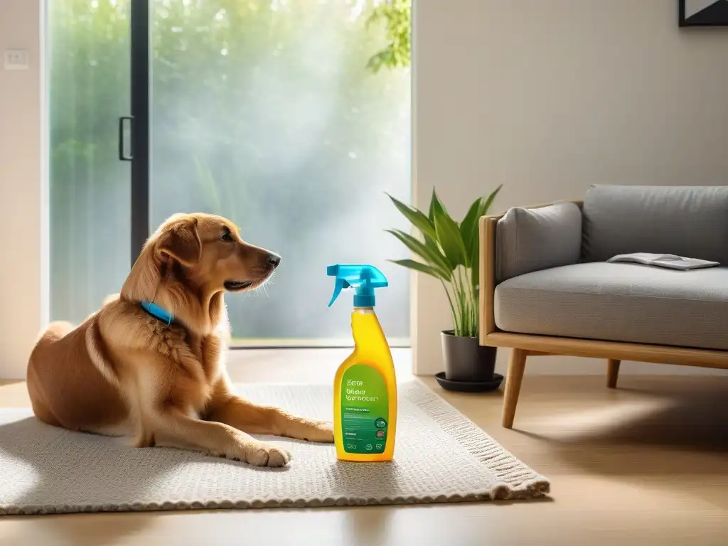 Limpiando con productos eco-friendly: armonía en casa Una escena hogareña armoniosa y ecológica: persona limpia con productos eco, mascota curiosa