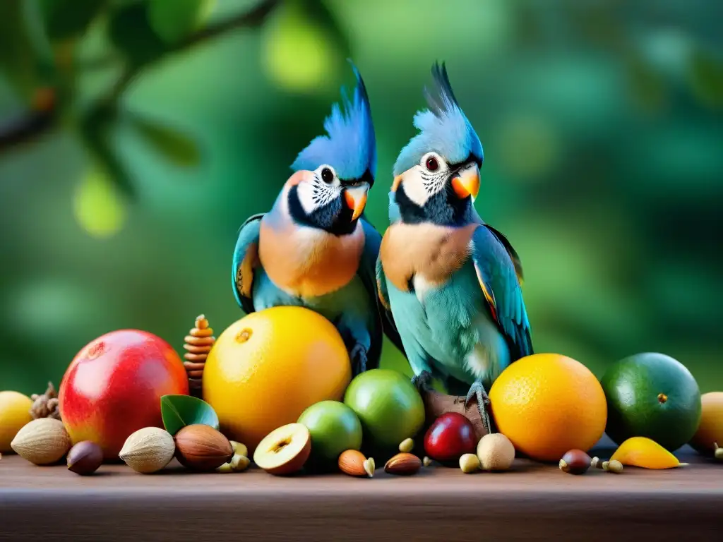 Aviario exótico: aves coloridas y dieta especial Una escena impresionante de aves exóticas coloridas en ramas, disfrutando de una dieta especial de frutas y semillas