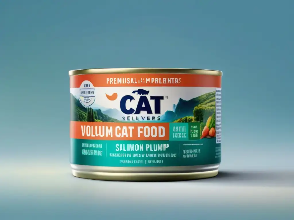Delicatessen felina: lujo en cada detalle Una escena de lujo con alimentos premium para gatos: lata plateada, ingredientes frescos y sofisticación