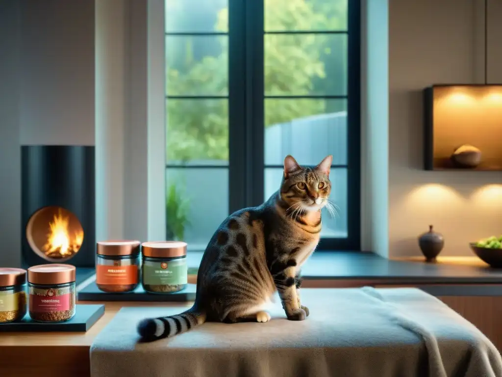 Exquisita cocina gourmet para gatos con detalles de lujo Escena lujosa de cocina moderna con comida gourmet para gatos especiales