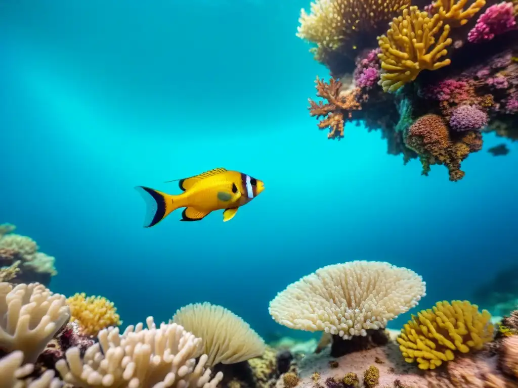 Escena marina con peces estresados en arrecife coralino