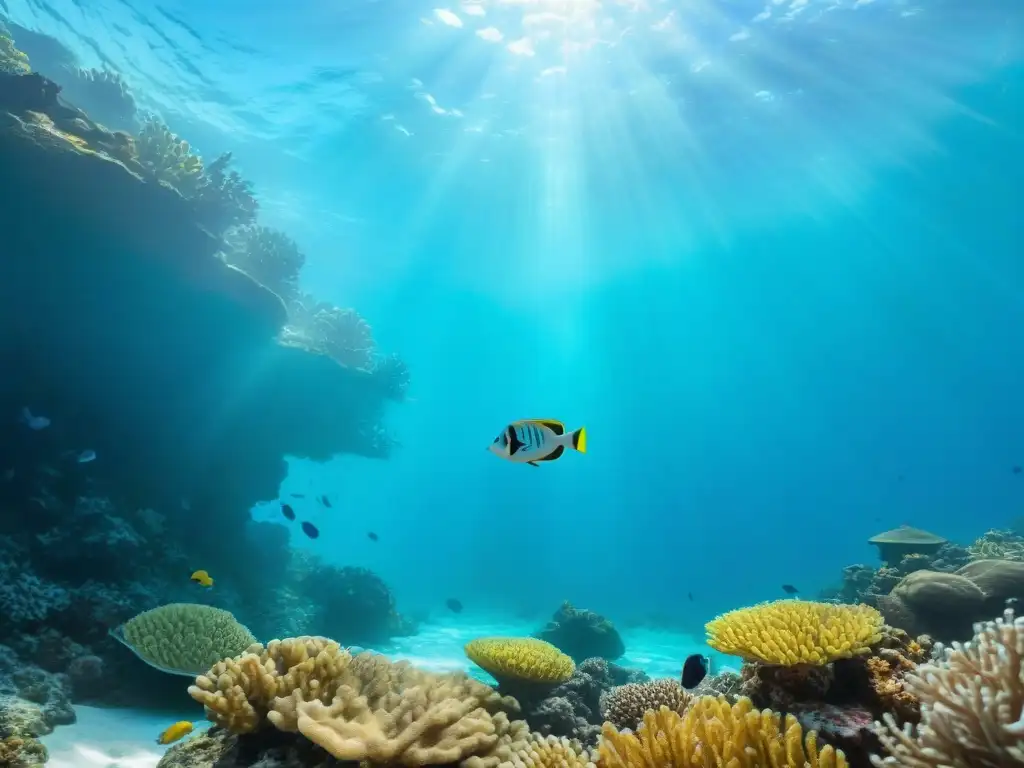 Escena marina tranquila: cardumen de peces coloridos entre corales, agua turquesa y luz solar