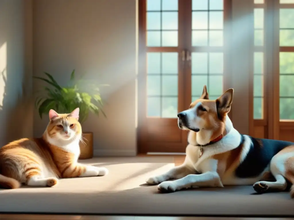 Armonía animal: terapia de sonido para mascotas felices Una escena relajante de animales diversos disfrutando de la terapia de sonido juntos en armonía