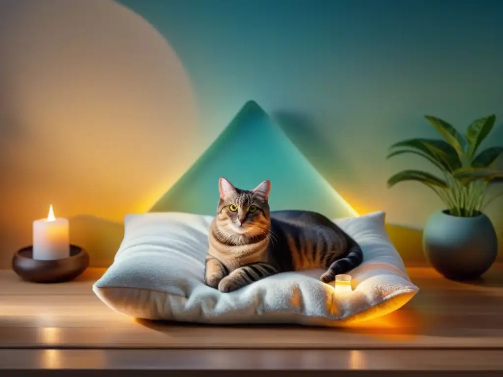 Refugio de tranquilidad: terapias alternativas para mascotas Escena relajante con terapias alternativas estrés mascotas: velas, difusor, aceites esenciales, pecera y gato tranquilo