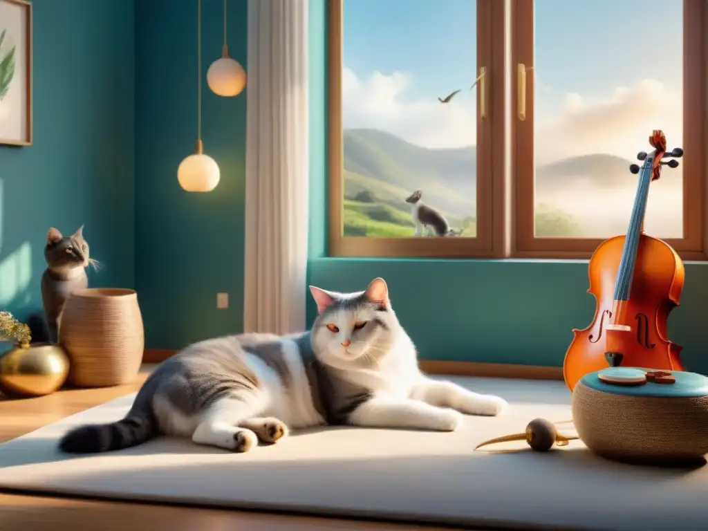 Armonía animal: terapia musical para mascotas Escena serena de animales domésticos relajados al sol, rodeados de música terapéutica