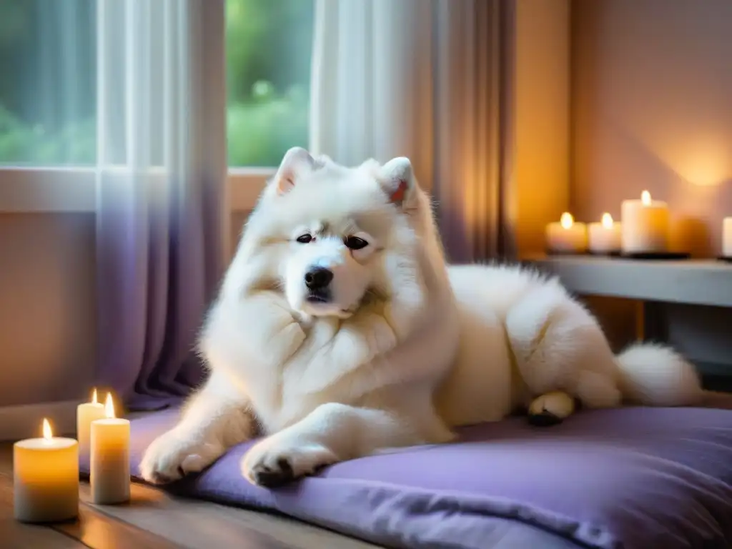 Escena serena: Terapia de relajación para perros con Samoyedo blanco Escena serena: Samoyedo blanco reposa en cama con velas, luz tenue y aroma a lavanda