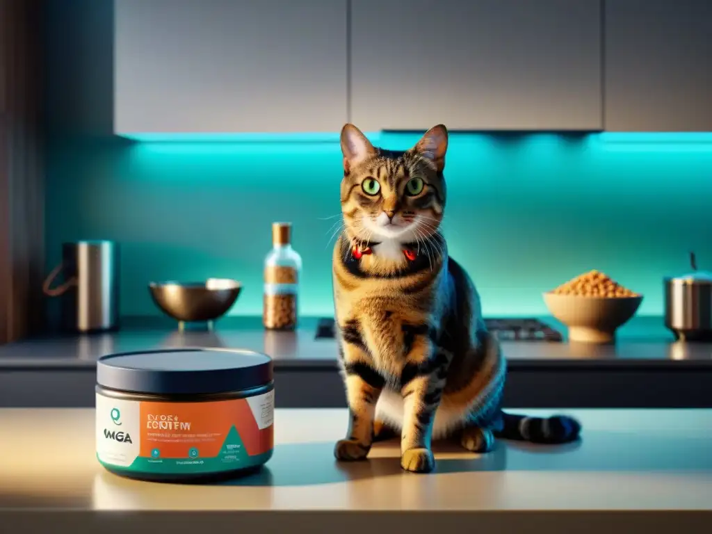 Cocina Gourmet para Gatos: Nutrición Premium y Elegancia Escena sofisticada de transición alimentos premium dieta gato con comida y suplementos variados, gato curioso al fondo