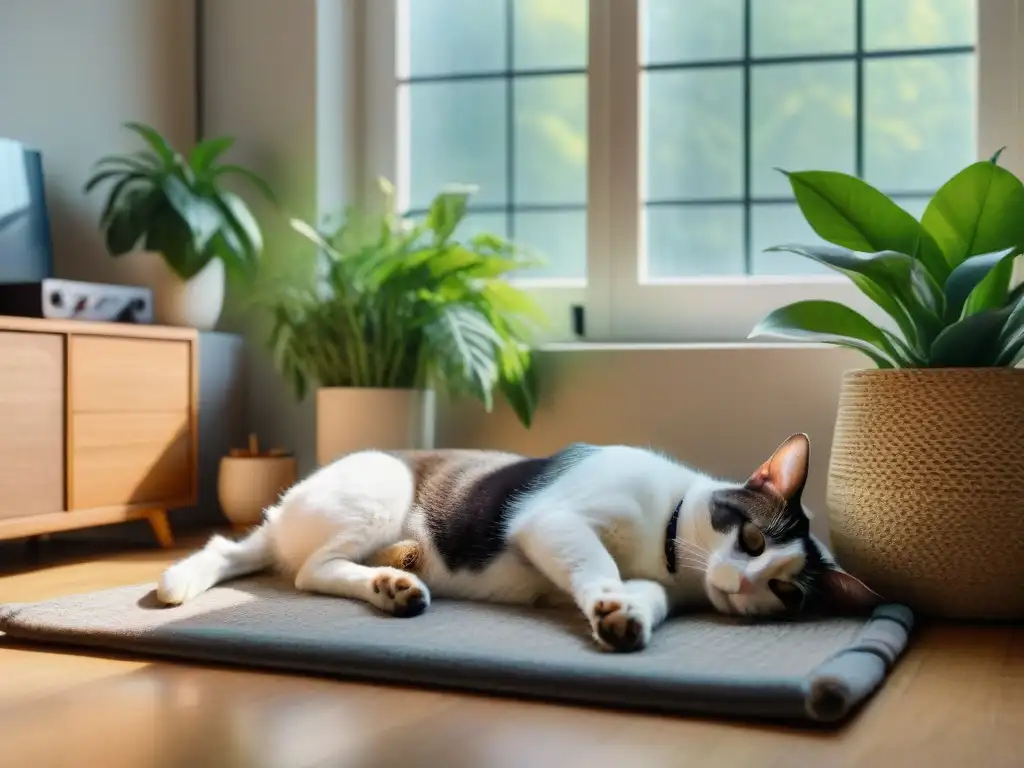 Armonía animal: mascotas relajadas escuchando música juntas Una escena tranquila donde perro, gato y conejo escuchan música relajante juntos en una habitación soleada