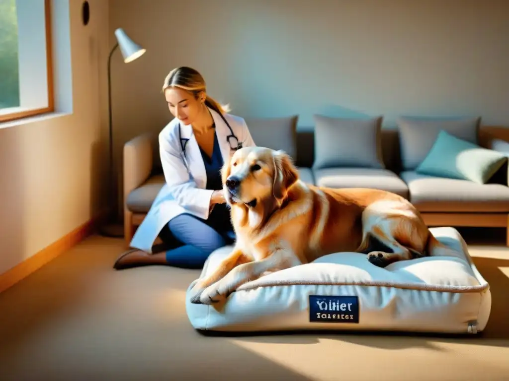 Compasión y cuidado: examen veterinario de pata de Golden Retriever Escena cálida: un veterinario cuidadoso examina la pata de un Golden Retriever anciano en una sala acogedora