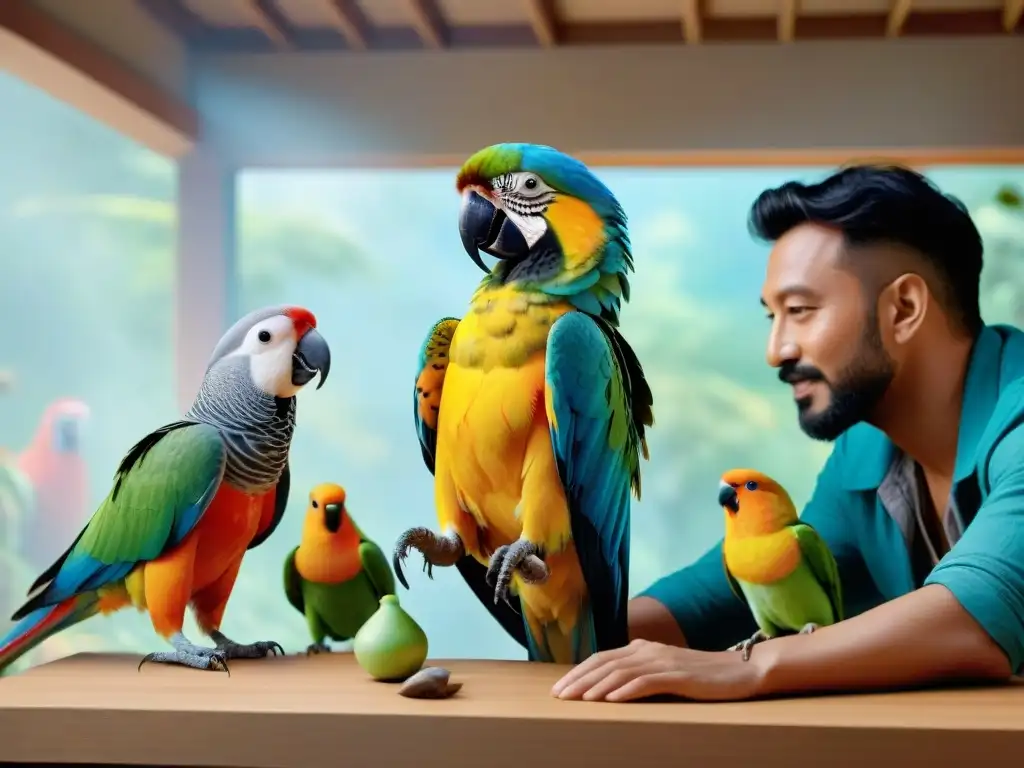 Convivencia armoniosa: Personas interactúan con aves exóticas Un escenario armonioso donde personas interactúan con aves mascotas, resaltando la importancia de la socialización