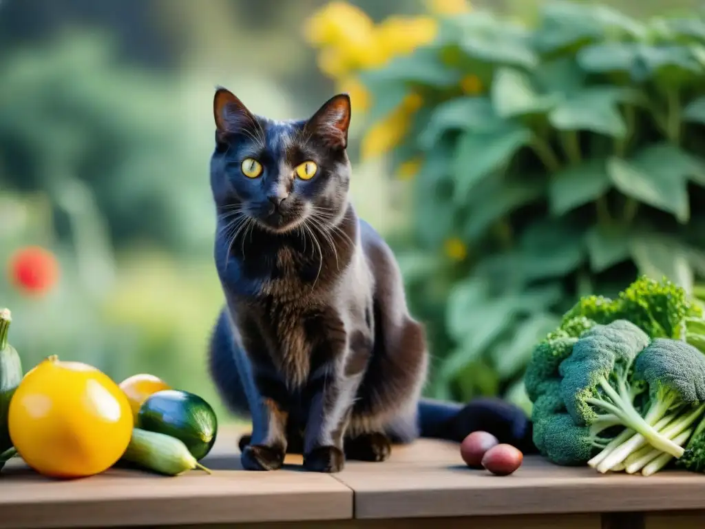 Esplendor felino: gato negro regio en jardín verde Espléndido gato negro en jardín verde, resaltando su salud y belleza