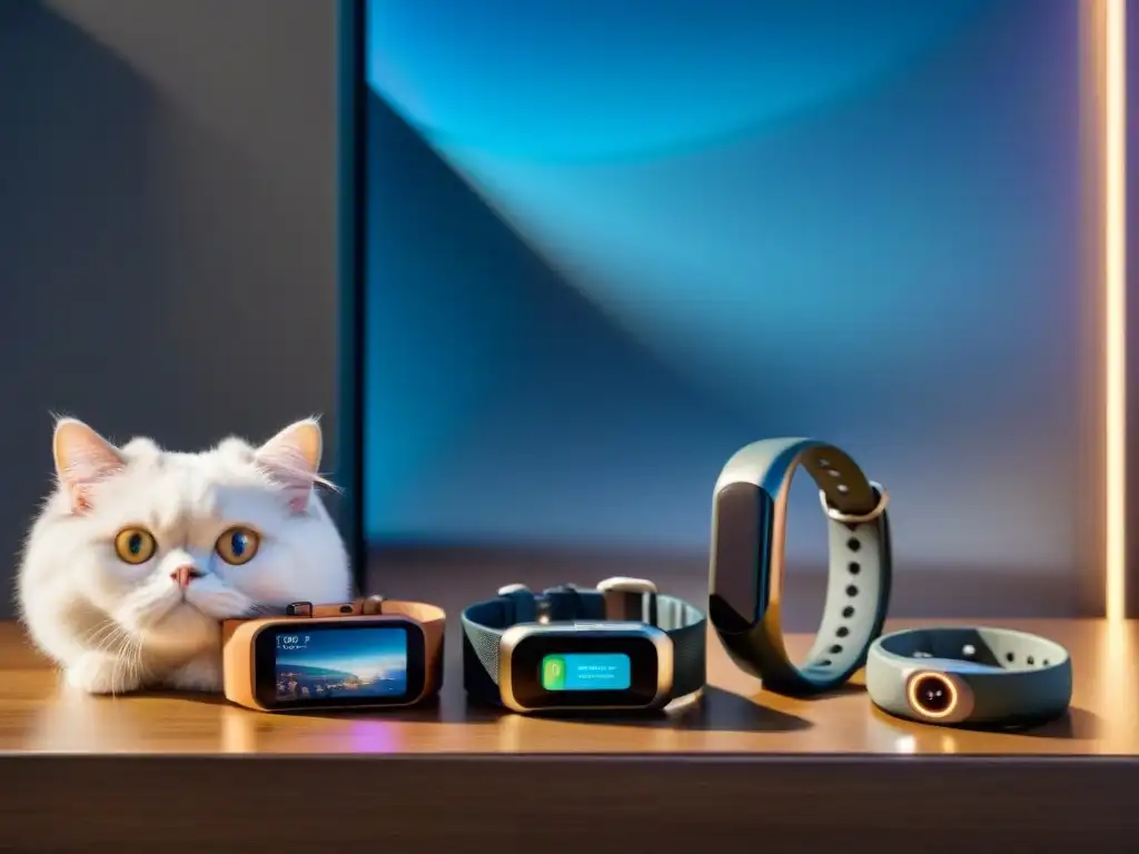 Accesorios tecnológicos para mascotas: alta precisión y estilo futurista Una exhibición futurista de wearables para mascotas de alta tecnología en una mesa elegante
