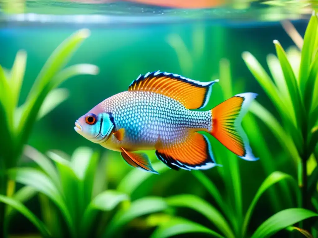 Exótico pez nadando en acuario: detalle y colorido Un exótico pez nadando con gracia en un acuario, rodeado de plantas acuáticas, resaltando cada detalle de sus escamas