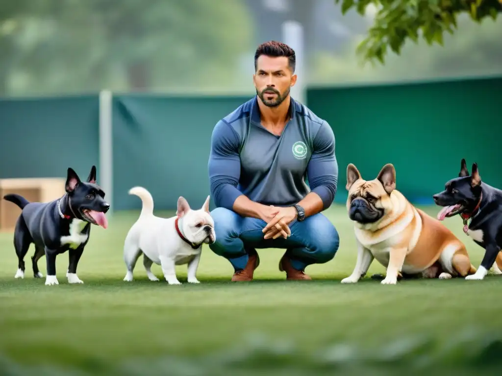 Experto adiestrador de perros guía grupo en curso de agilidad en parque verde, demostrando prevención comportamiento escape mascotas