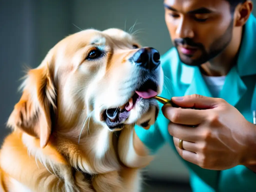 Examen dental veterinario a golden retriever: detalle y calma Exploración dental detallada de un veterinario a un golden retriever tranquilo, enfocándose en la prevención del dolor crónico en mascotas