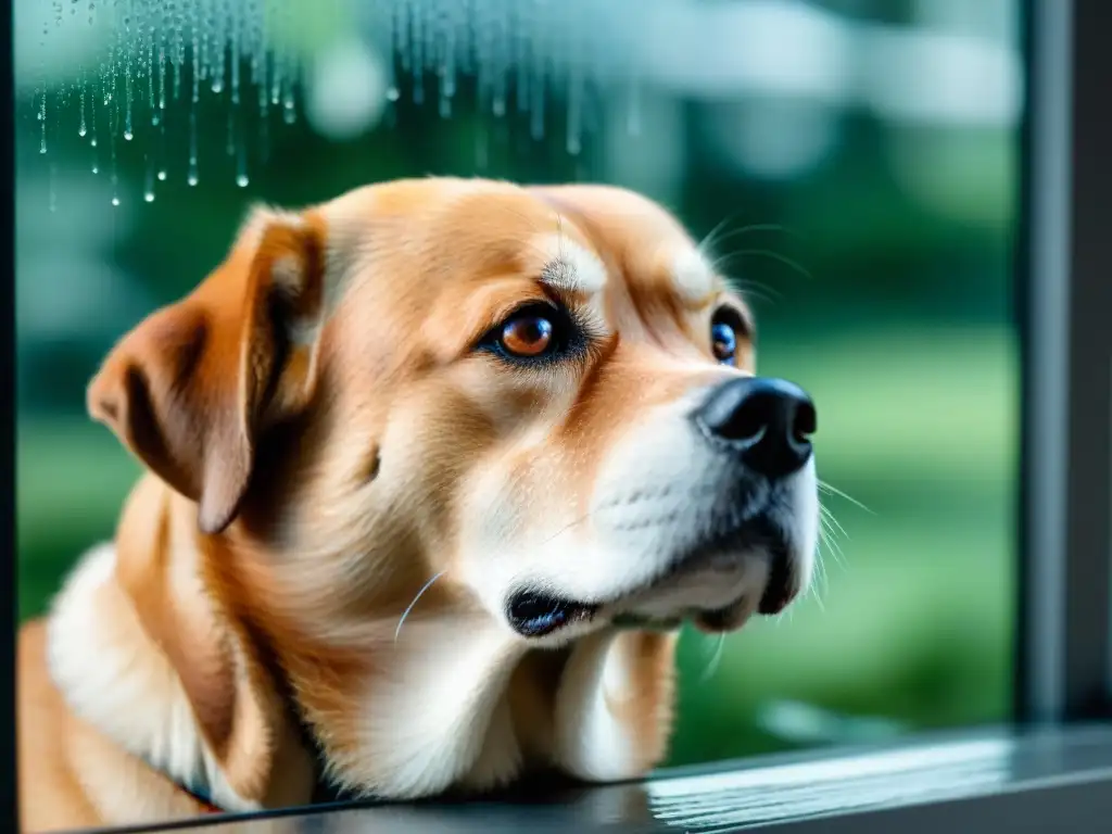 Mirada de anhelo: perro triste en la ventana Expresivos ojos de perro con ansiedad por separación, mirando por la ventana con lluvia, representa manejo eficaz ansiedad separación mascotas