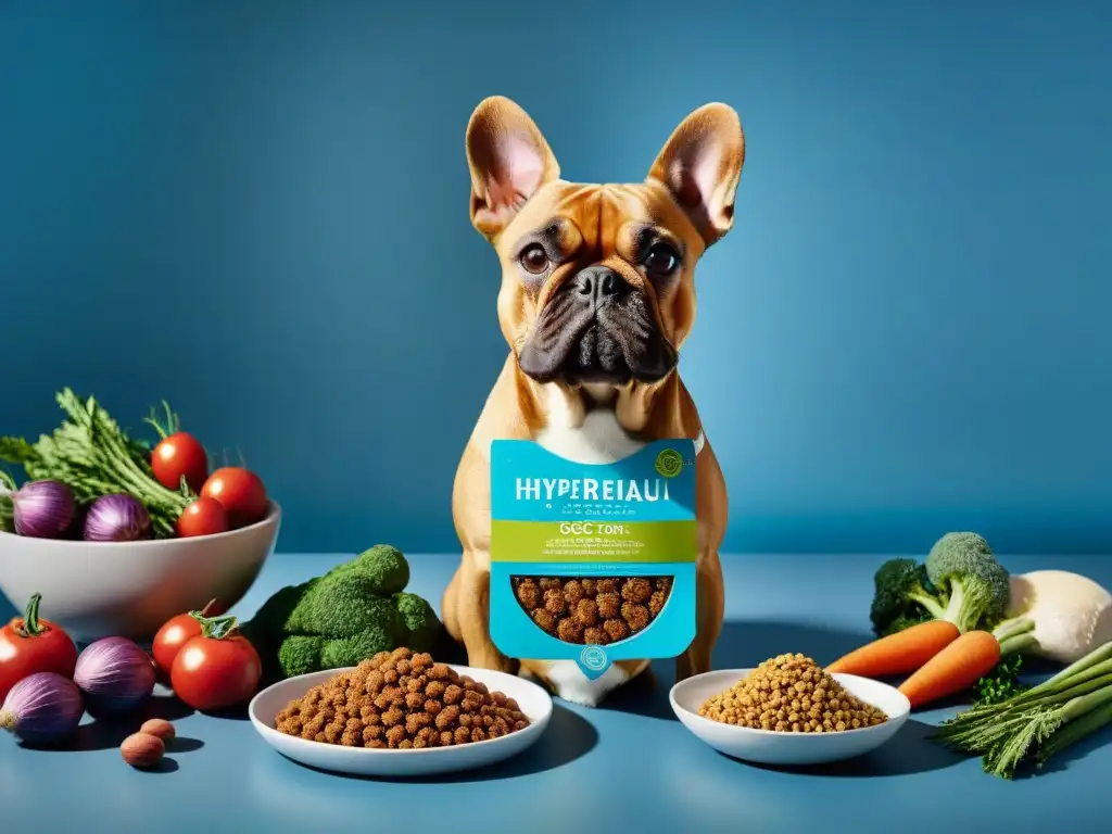 Una exquisita presentación de alimentos gourmet para perros, con ingredientes premium en un ambiente de alta cocina
