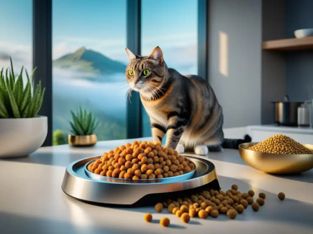 Selección gourmet de comida para gatos: lujo y sofisticación Una exquisita selección de comida gourmet para gatos especiales en un elegante y moderno comedero