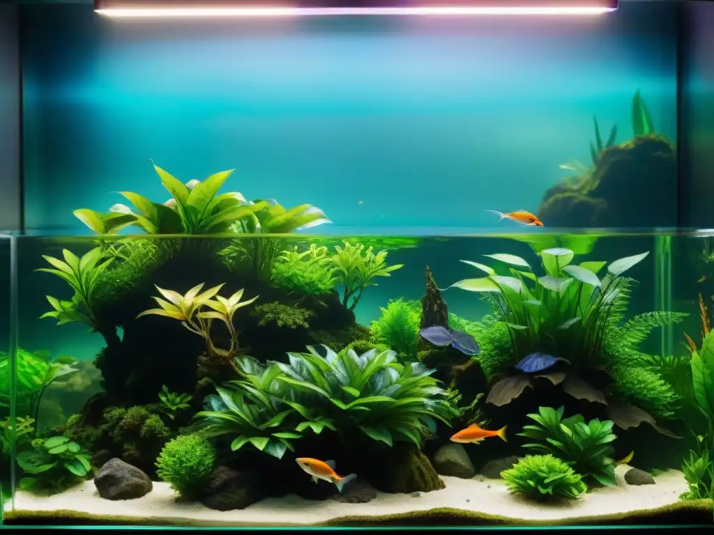 Un exuberante acuario submarino con plantas acuáticas, destacando la belleza y beneficios de integrarlas
