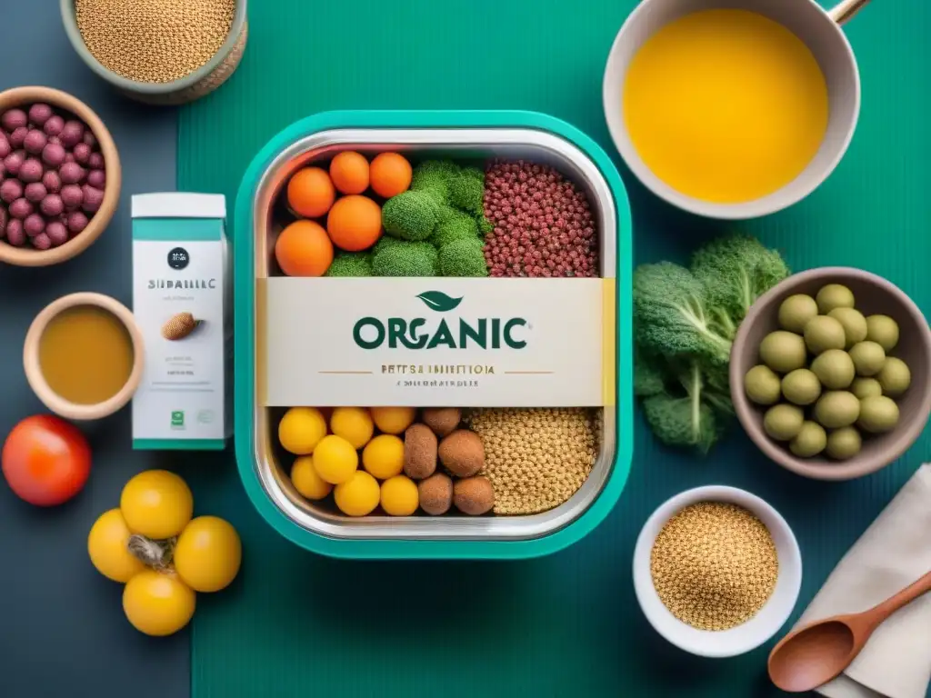 Una exuberante exhibición de ingredientes sostenibles para alimentos de mascotas, con colores vibrantes y texturas frescas