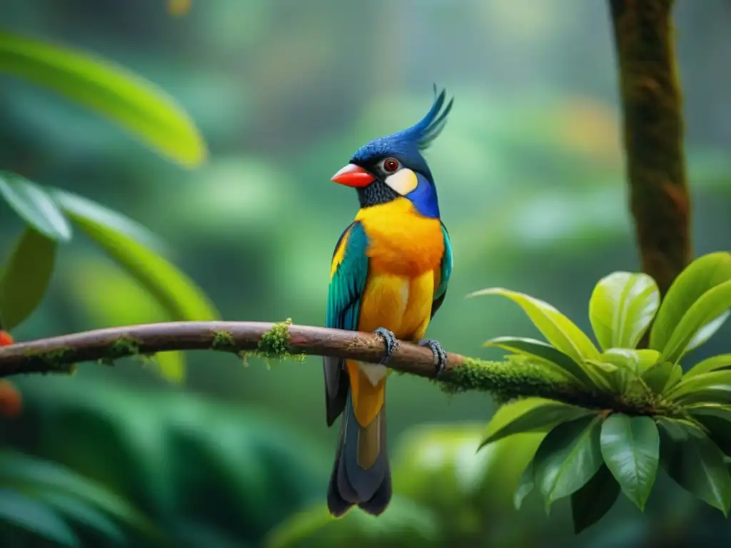 Esplendor aviar en la selva: diversidad de aves exóticas en alta resolución Una exuberante selva tropical llena de coloridos pájaros exóticos en sus ramas