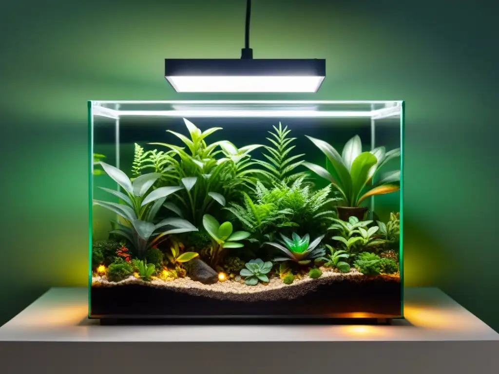 Terrario exuberante: plantas vibrantes bajo luces LED Un exuberante terrario iluminado con LED, plantas vibrantes y pequeñas criaturas, creando un ecosistema sostenible