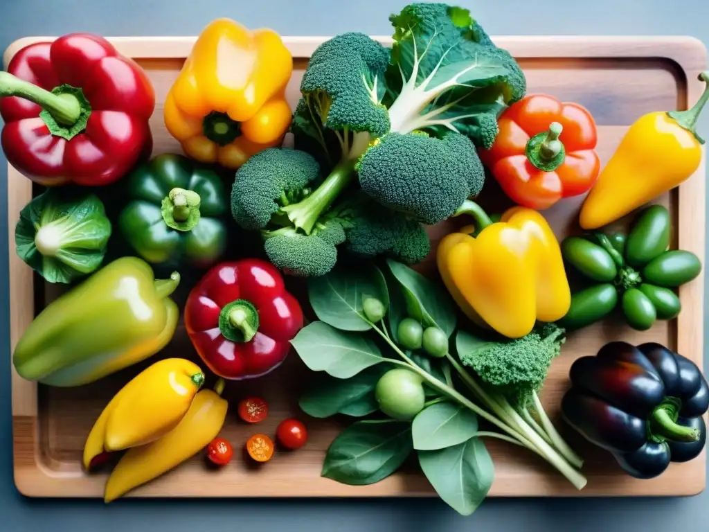 Deliciosos y saludables alimentos frescos en tabla de madera Una exuberante variedad de frutas y verduras frescas, listas para disfrutar, transmitiendo vitalidad y frescura