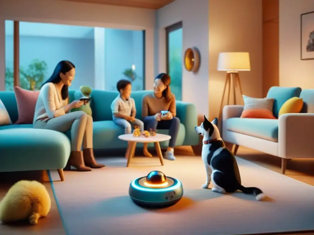 Una familia disfruta de juguetes tecnológicos para mascotas en un hogar acogedor, resaltando riesgos y beneficios