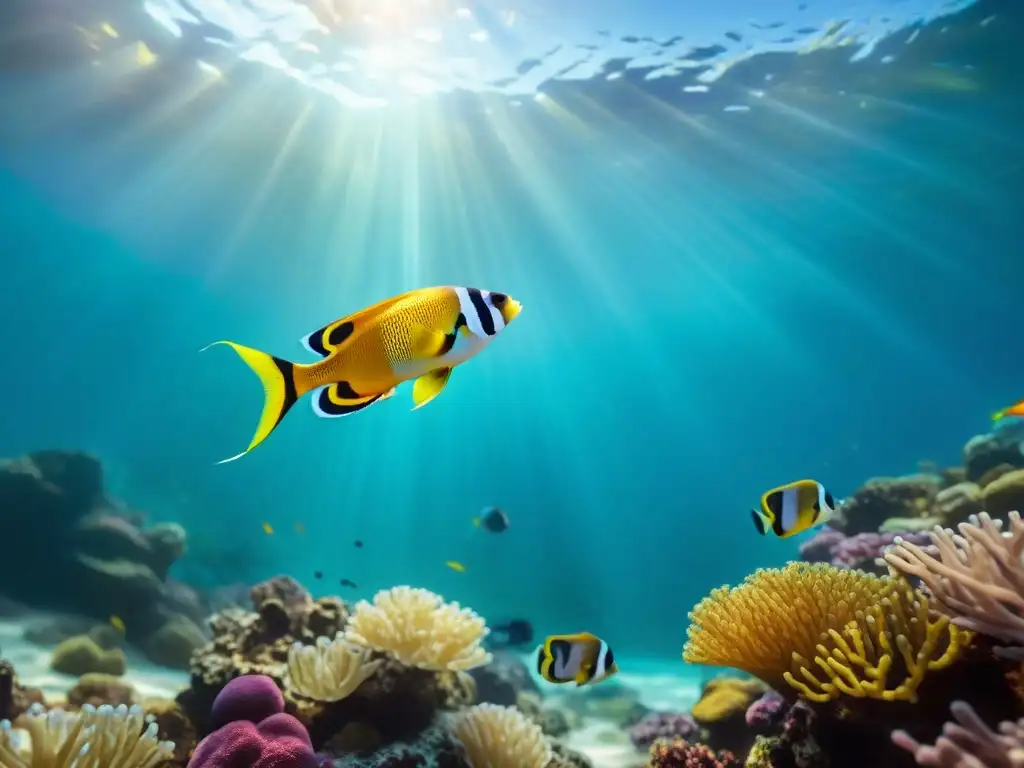 Acuario hightech: escuela de peces tropicales en arrecife de coral Un fascinante acuario hightech muestra una escuela de peces tropicales coloridos nadando en un arrecife de coral, con tecnología para bienestar peces