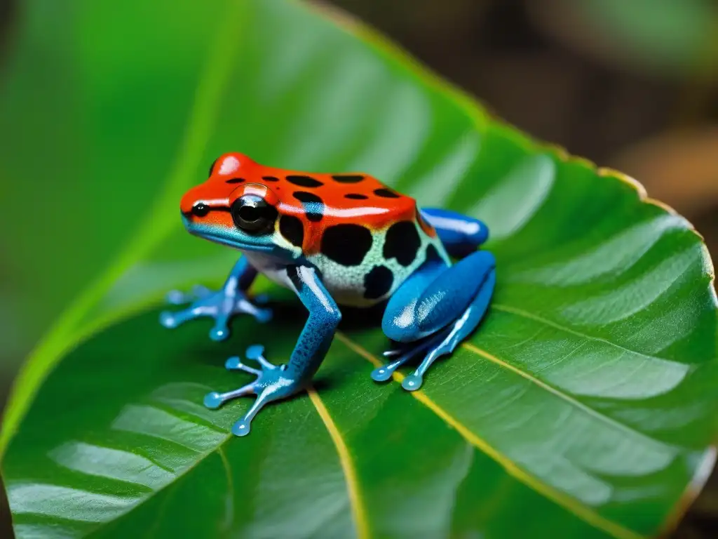 Rana venenosa: detalle vibrante en la selva Fascinante convivencia con múltiples anfibios en la selva tropical: detalle de una rana dardo venenosa vibrante en una hoja