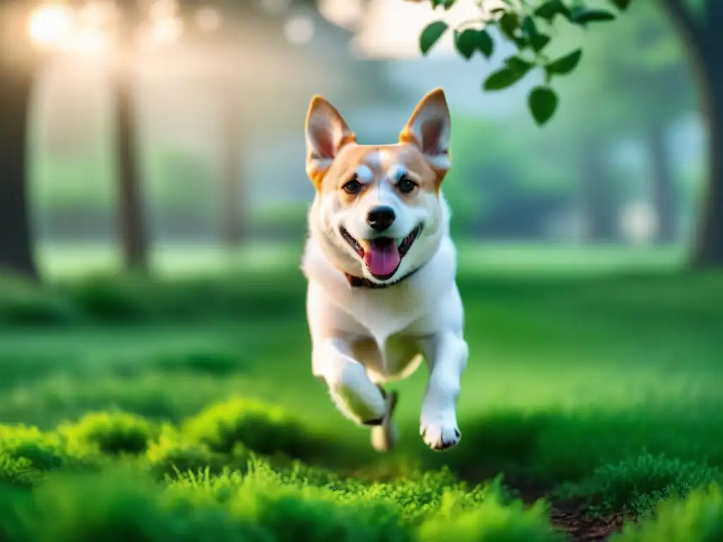 Perro feliz jugando con juguete biodegradable en parque ecológico Perro feliz jugando con un juguete biodegradable en un parque verde, muestra la alegría y sostenibilidad de elegir productos cuidado mascotas biodegradables