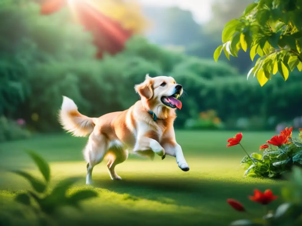 Juego sostenible: perro feliz con juguete reciclado en jardín verde Perro feliz jugando con juguete reciclado en jardín verde