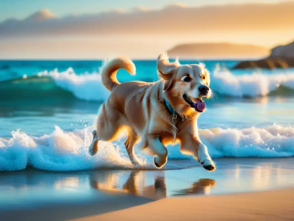 Golden Retriever disfruta en playa paradisíaca al atardecer Un golden retriever jugando feliz en una playa al atardecer, con aguas turquesas y bungalows al fondo