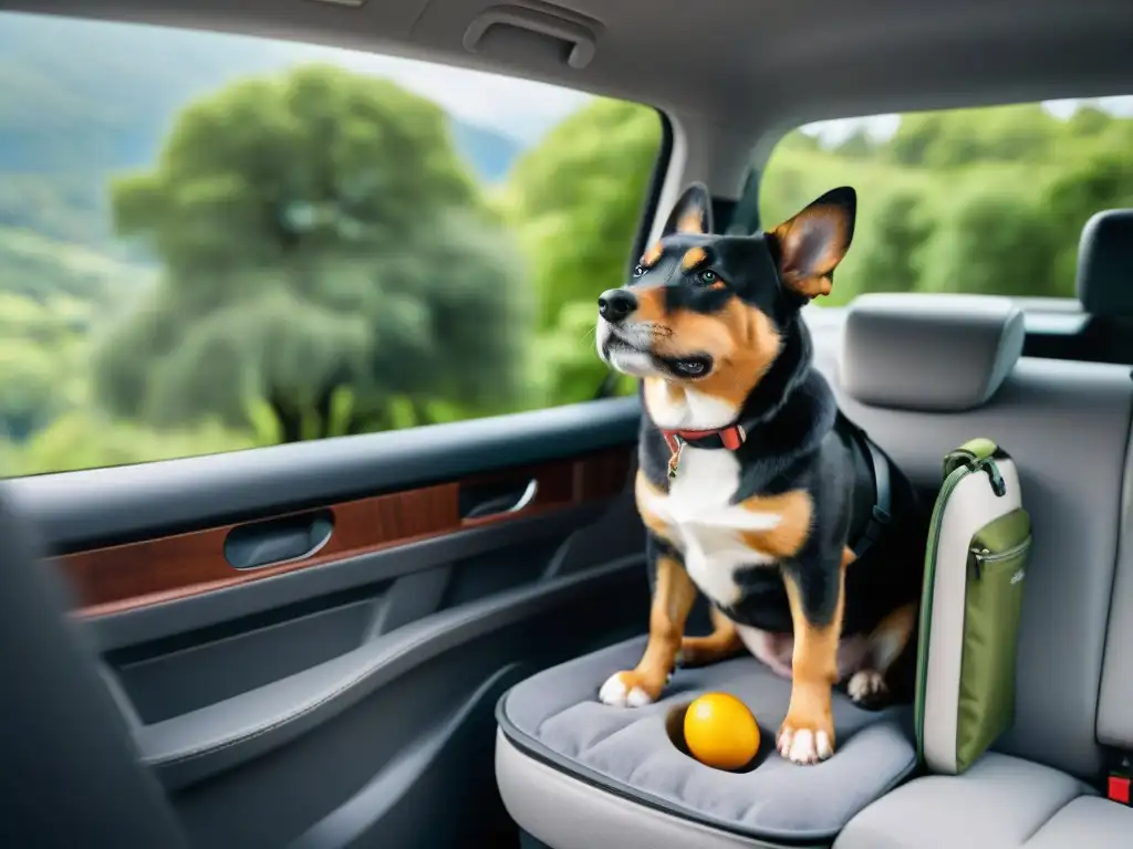 Perro feliz en viaje: nutrición y bienestar Perro feliz en transportín con snacks y agua, listo para viajar
