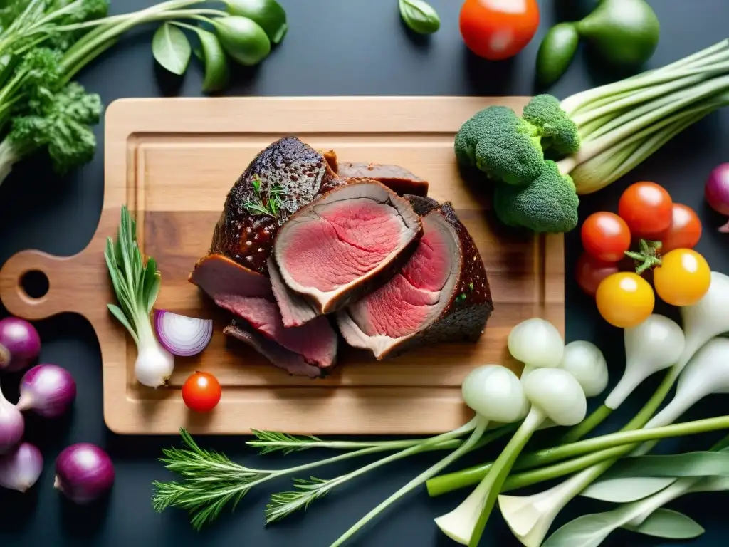 Exóticas carnes: Kangaroo, bison y avestruz en tabla de corte Un festín de carnes exóticas y coloridas, rodeadas de vegetales frescos, en una tabla de madera