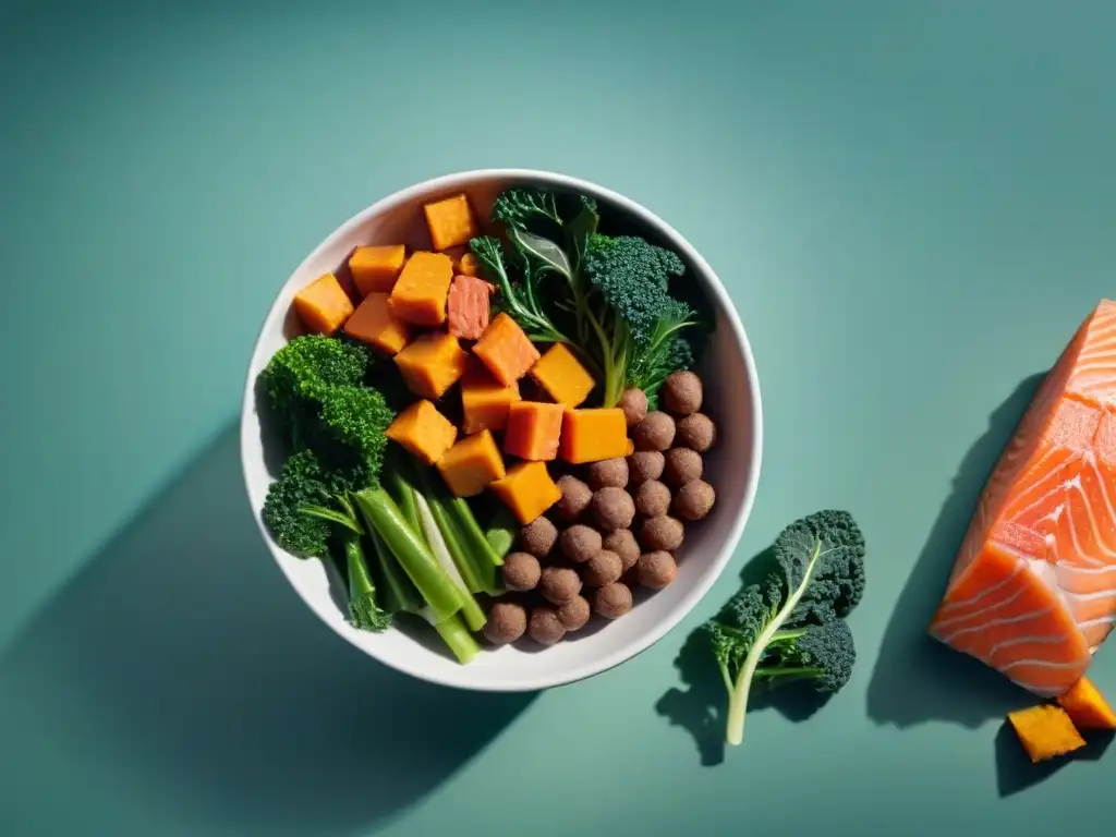 Deliciosa comida gourmet para perros: salmon, batatas y kale frescos Un festín gourmet para perros saludables: bol lleno de ingredientes vibrantes como salmón fresco, batatas orgánicas y kale verde