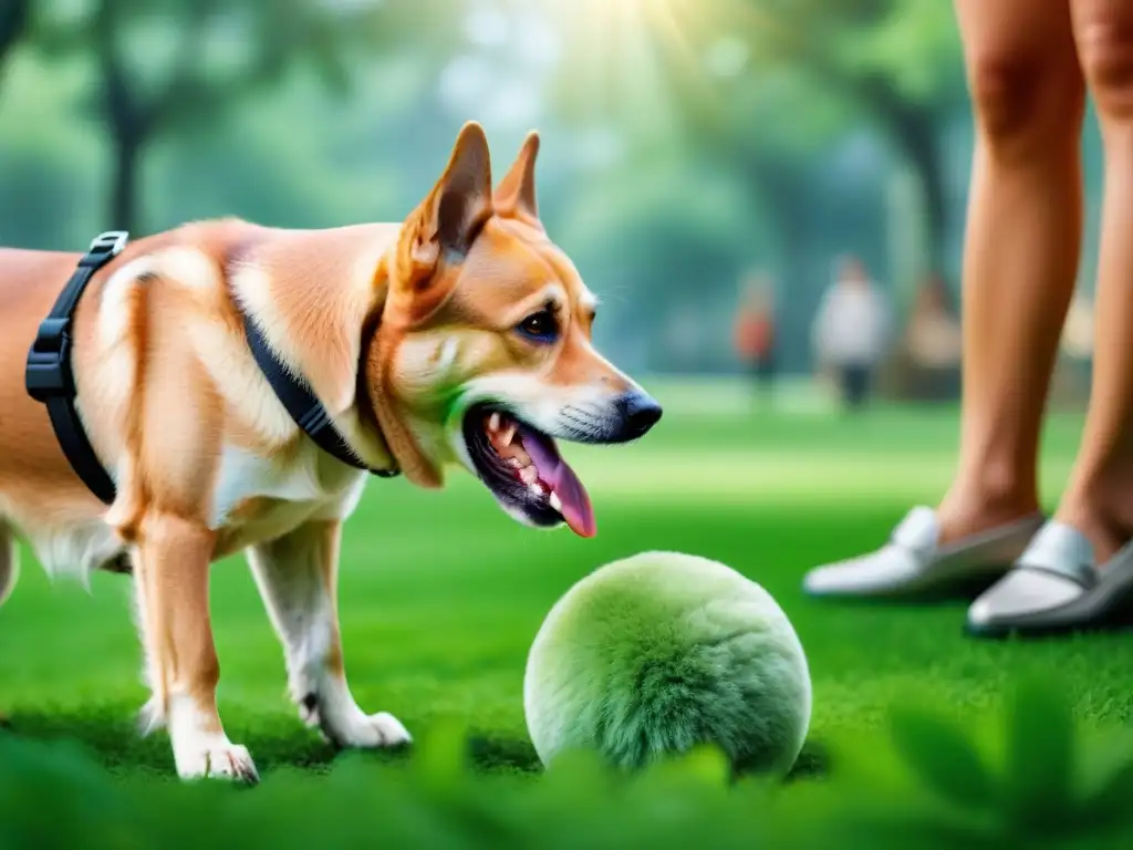 Felicidad eco: perro jugando con juguete biodegradable en parque Fiel compañero jugando con juguete biodegradable en parque verde