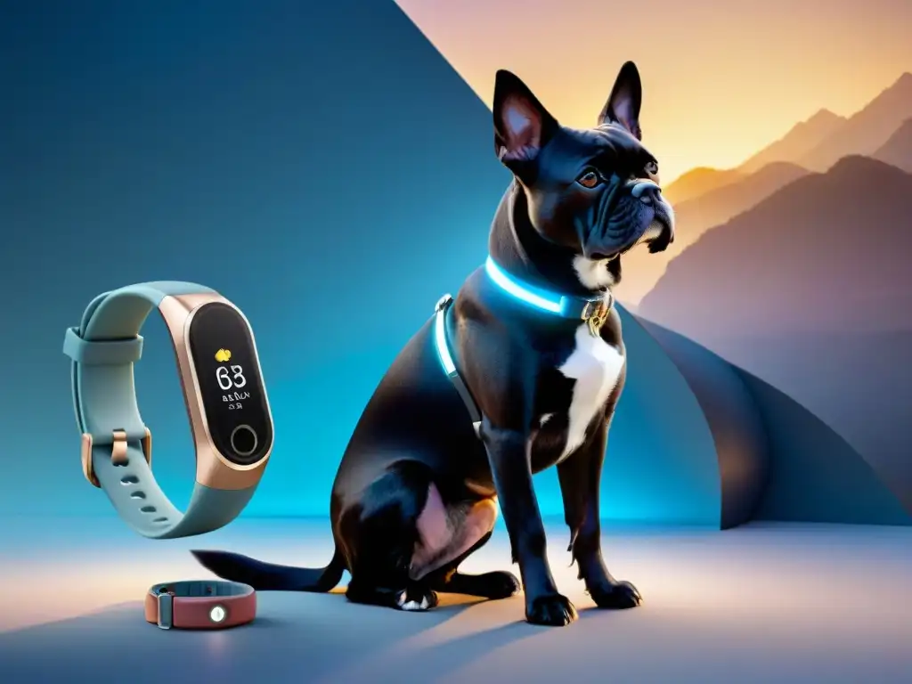 Gadgets tecnológicos para mascotas: GPS, monitores de salud y más Una fila de wearables para mascotas comparativa, detallados y futuristas, en un escenario tecnológico